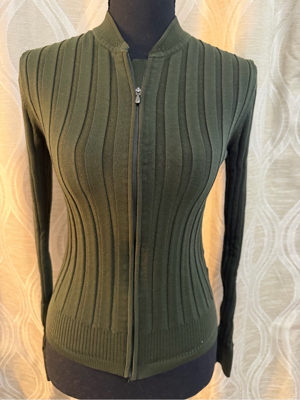 Athleta Women's Olive Green Ribbed Zip-Front Sweater